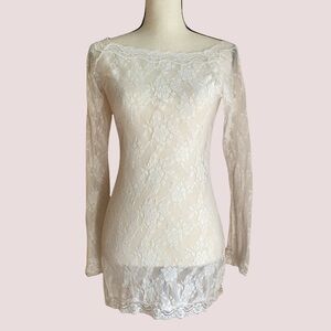 Sheer floral lace long sleeves boat neck stretch t-shirt women size Medium
